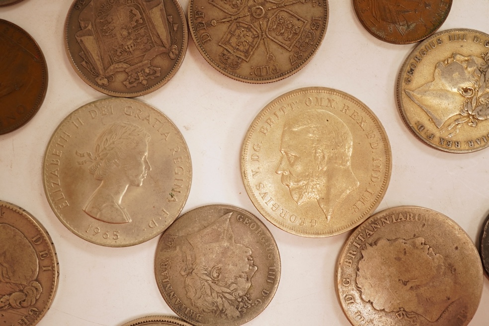 British coins, including silver crowns, George III, Victoria, George V, Victoria double florins, etc.